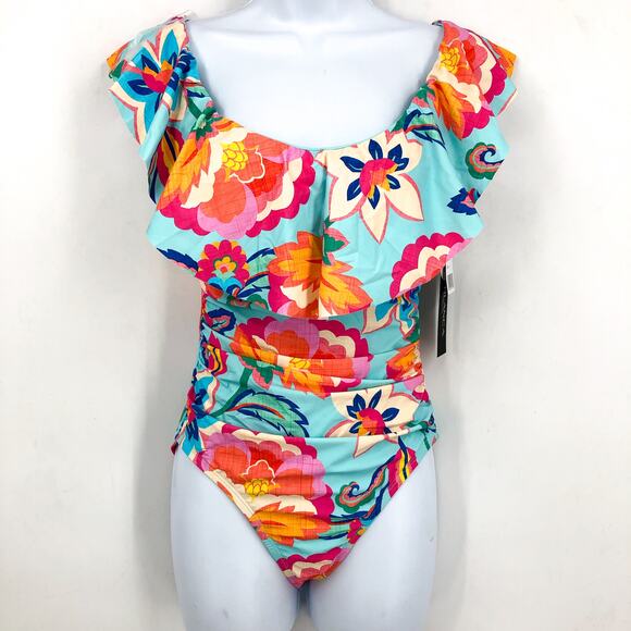 LA BLANCA Breezy Beauty One-Piece Swimsuit 8 Blue Ruffle Off the Shoulder NWT - Picture 3 of 11